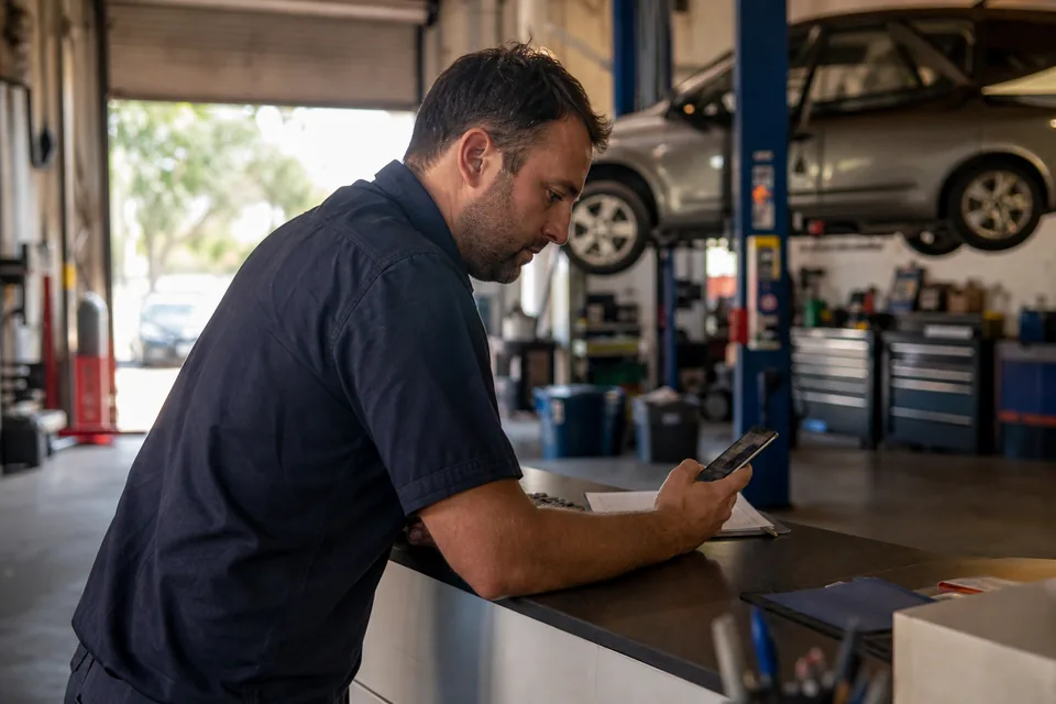 Mechanik przy ladzie warsztatu sprawdza rezerwację w telefonie, w tle auto na podnośniku